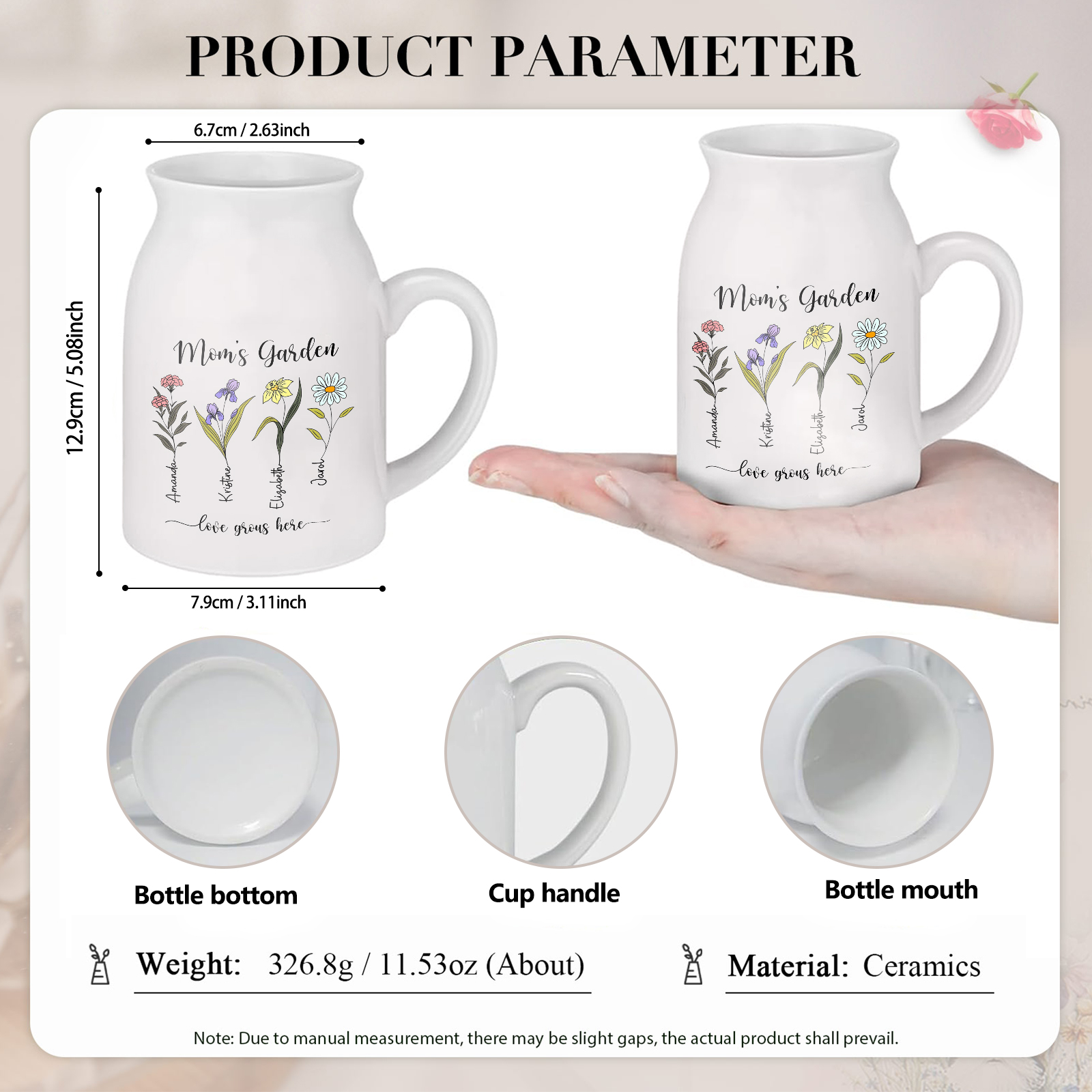 Personalisierte 4 Namen & Blumen & 2 Texte Gießvase mit Henkel Familie Vase