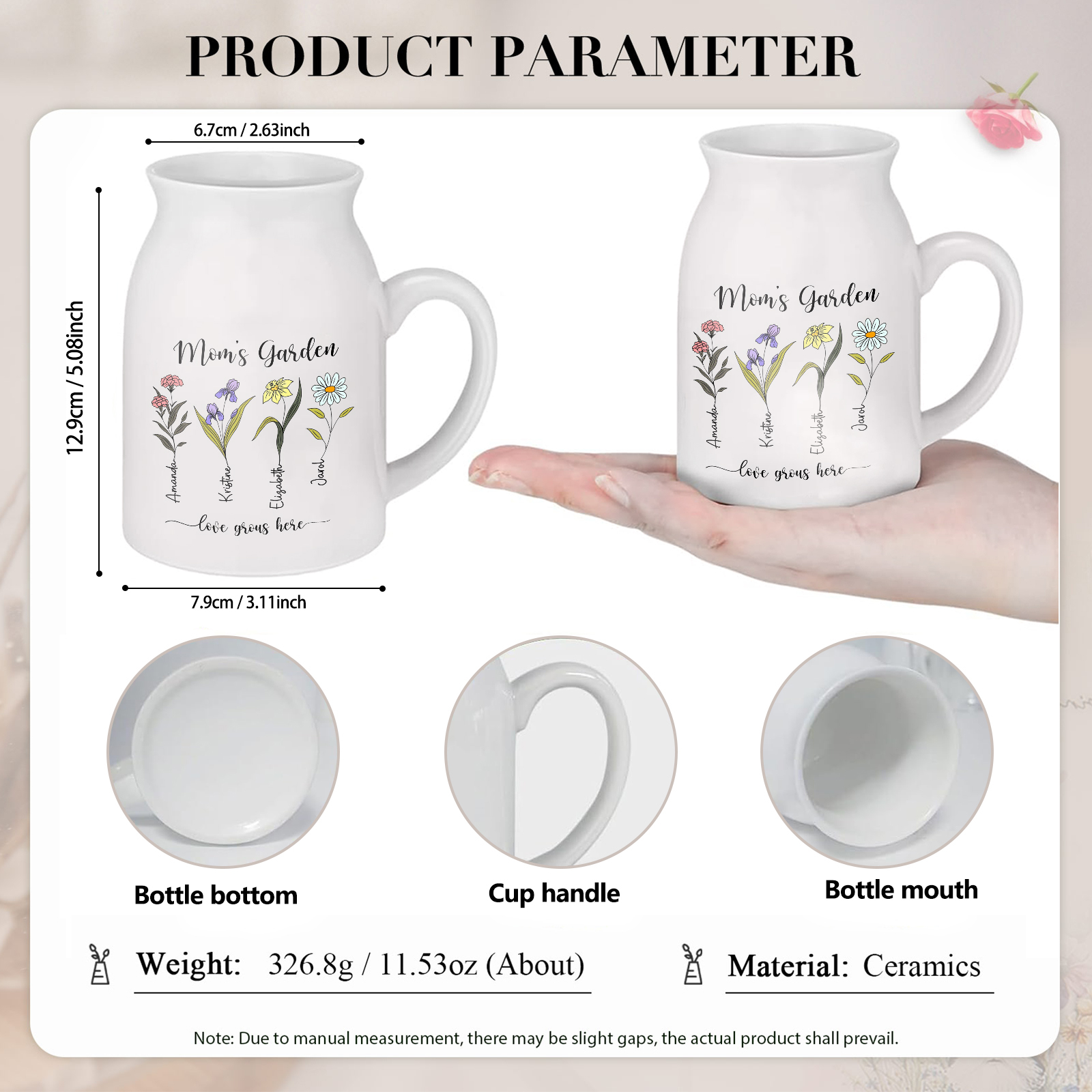 Personalisierte 4 Namen & Blumen & 2 Texte Gießvase mit Henkel Familie Vase