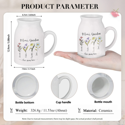 Personalisierte 4 Namen & Blumen & 2 Texte Gießvase mit Henkel Familie Vase