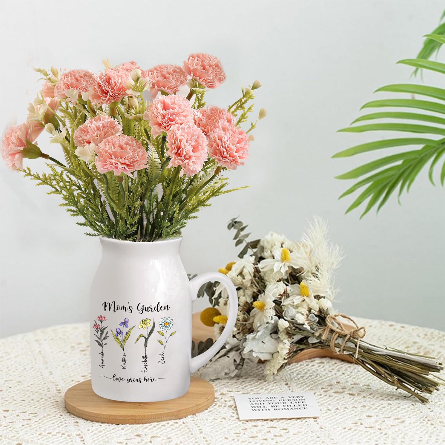 Personalisierte 4 Namen & Blumen & 2 Texte Gießvase mit Henkel Familie Vase
