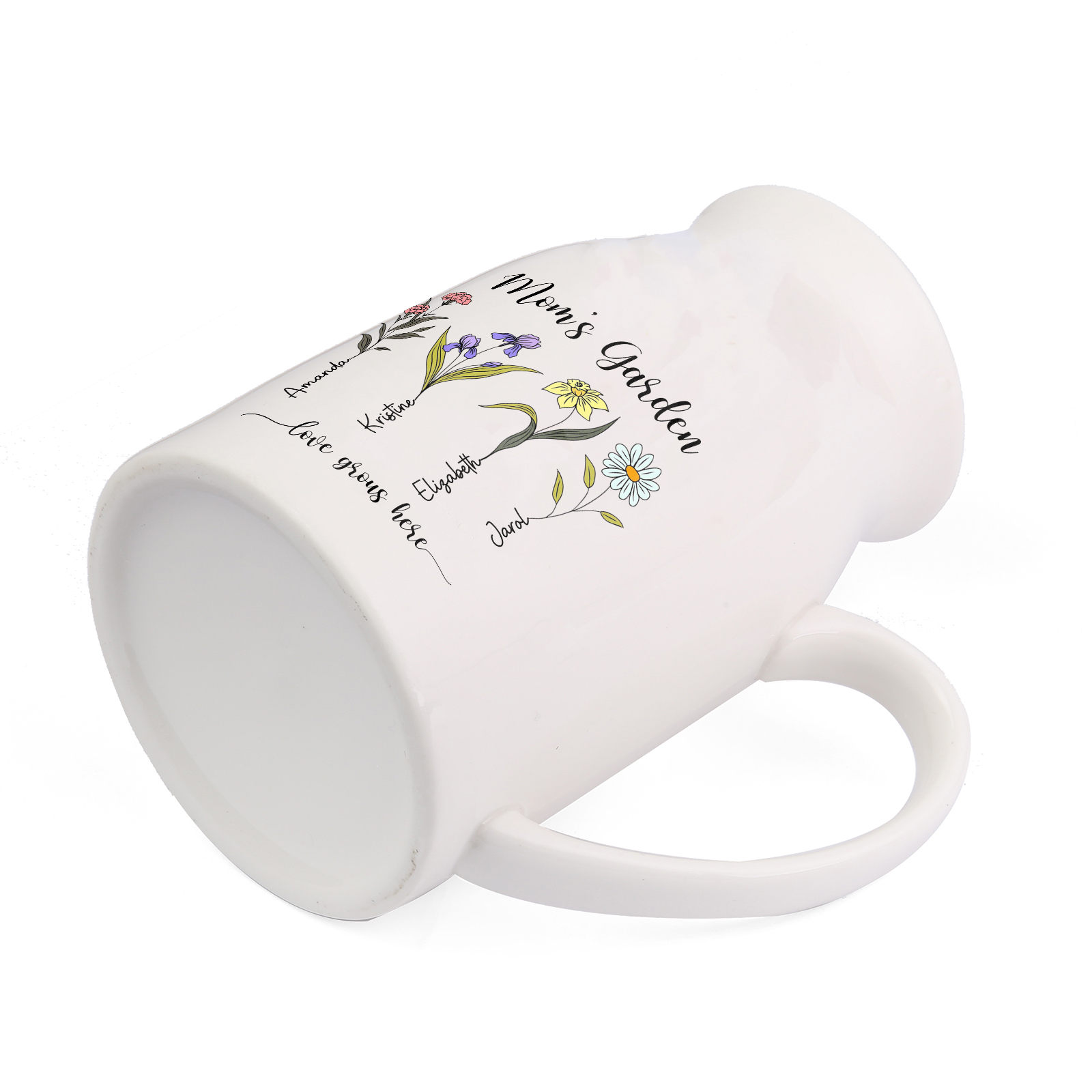 Personalisierte 4 Namen & Blumen & 2 Texte Gießvase mit Henkel Familie Vase