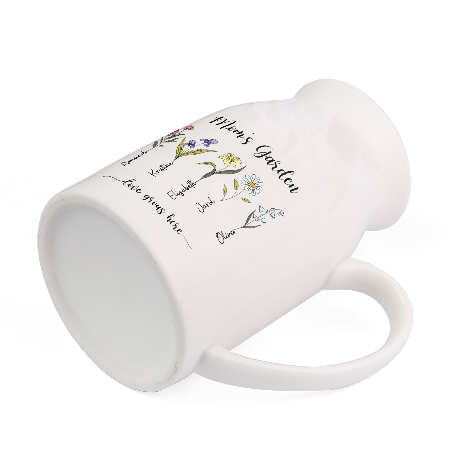 Personalisierte 5 Namen & Blumen & 2 Texte Gießvase mit Henkel Familie Vase