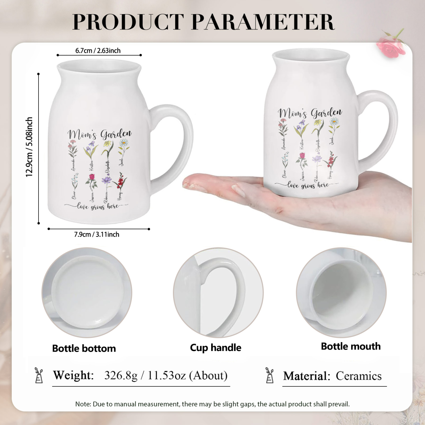 Personalisierte 8 Namen & Blumen & 2 Texte Gießvase mit Henkel Familie Vase