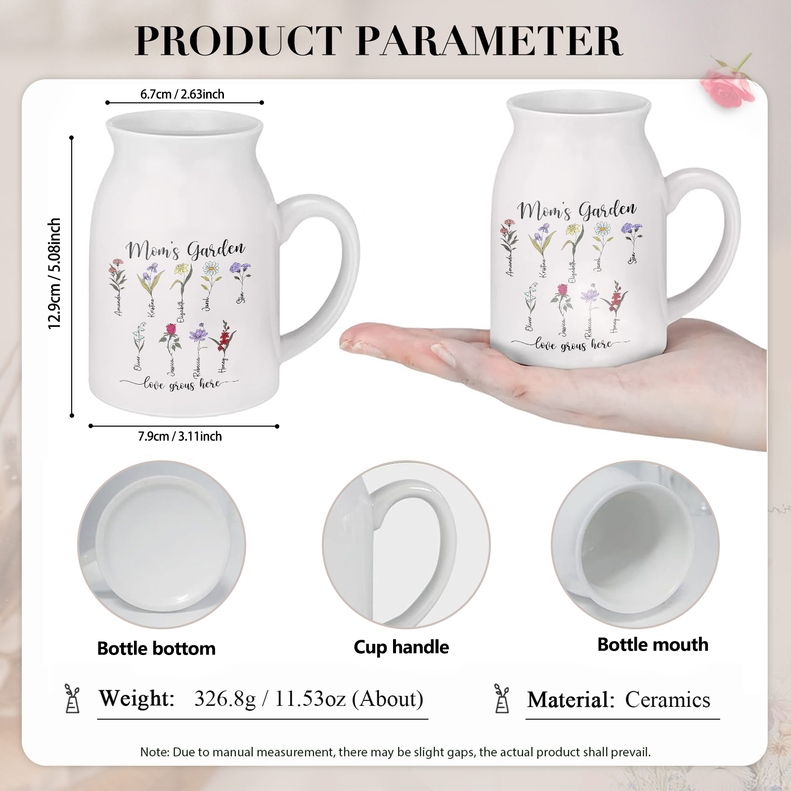 Personalisierte 9 Namen & Blumen & 2 Texte Gießvase mit Henkel Familie Vase