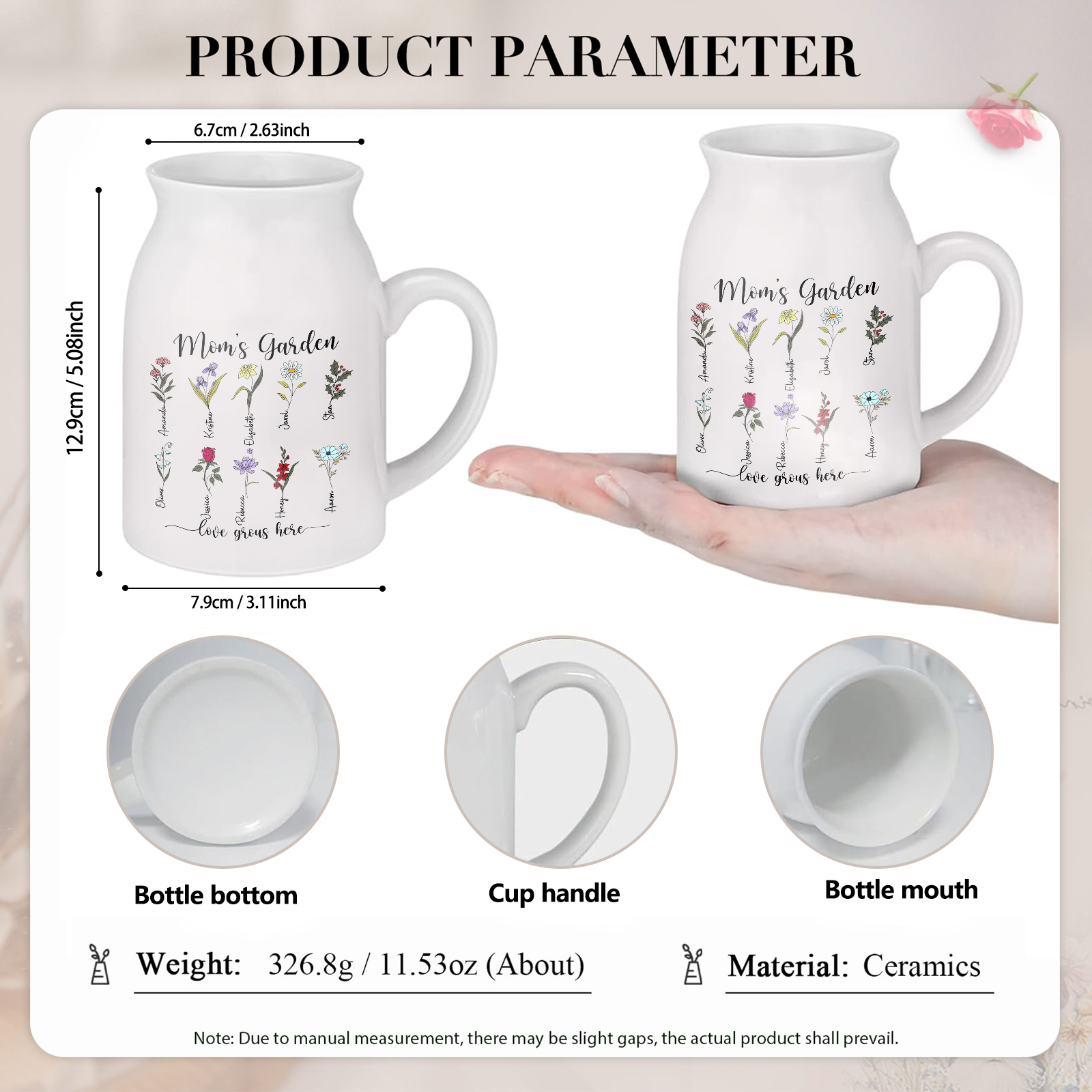 Personalisierte 10 Namen & Blumen & 2 Texte Gießvase mit Henkel Familie Vase