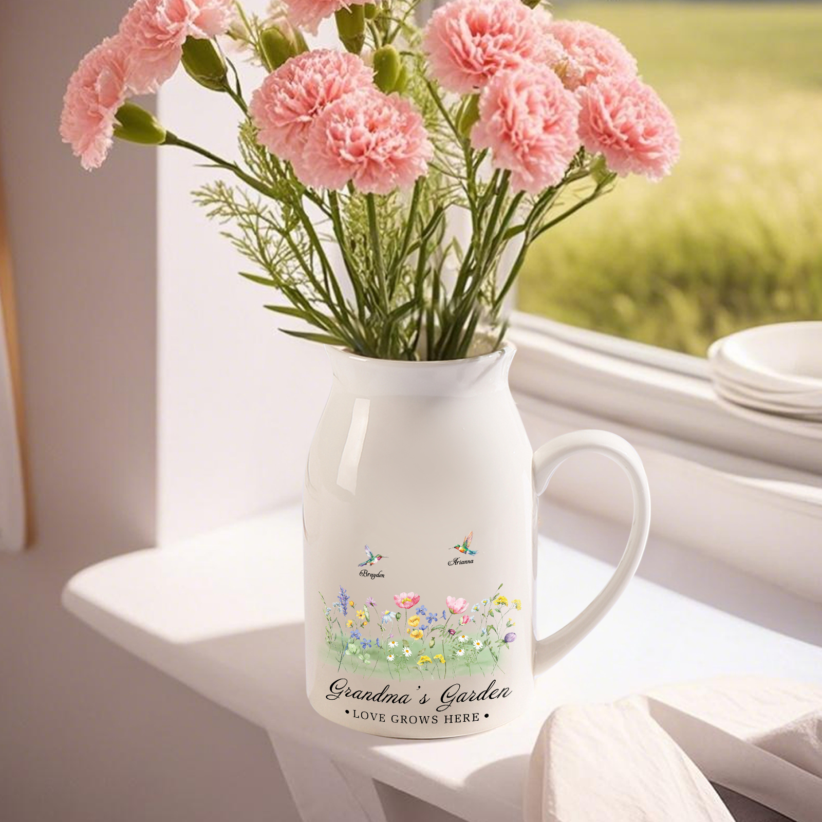 Personalisierte 2 Namen & Muster & 2 Texte Blumen Gießvase mit Henkel Familie Vase-Pefektes Geschenk für Familien