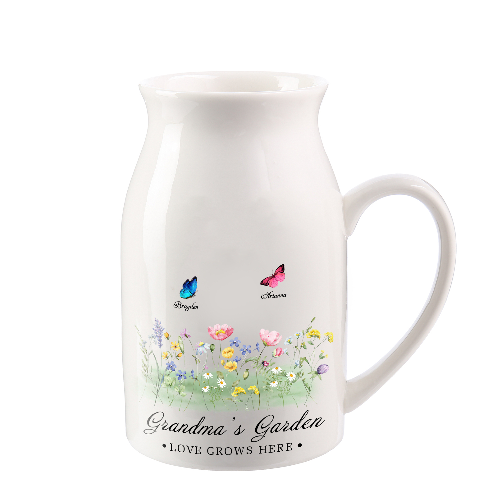 Personalisierte 2 Namen & Muster & 2 Texte Blumen Gießvase mit Henkel Familie Vase-Pefektes Geschenk für Familien