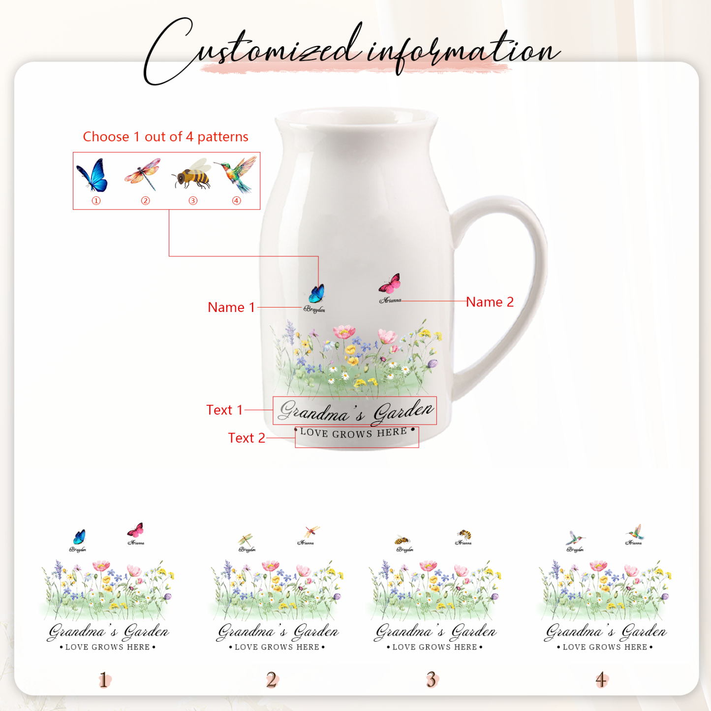 Personalisierte 2 Namen & Muster & 2 Texte Blumen Gießvase mit Henkel Familie Vase-Pefektes Geschenk für Familien