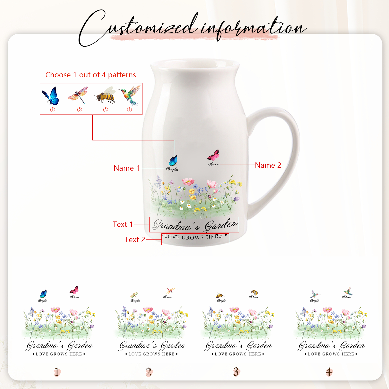 Personalisierte 2 Namen & Muster & 2 Texte Blumen Gießvase mit Henkel Familie Vase-Pefektes Geschenk für Familien