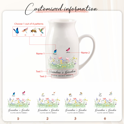 Personalisierte 2 Namen & Muster & 2 Texte Blumen Gießvase mit Henkel Familie Vase-Pefektes Geschenk für Familien