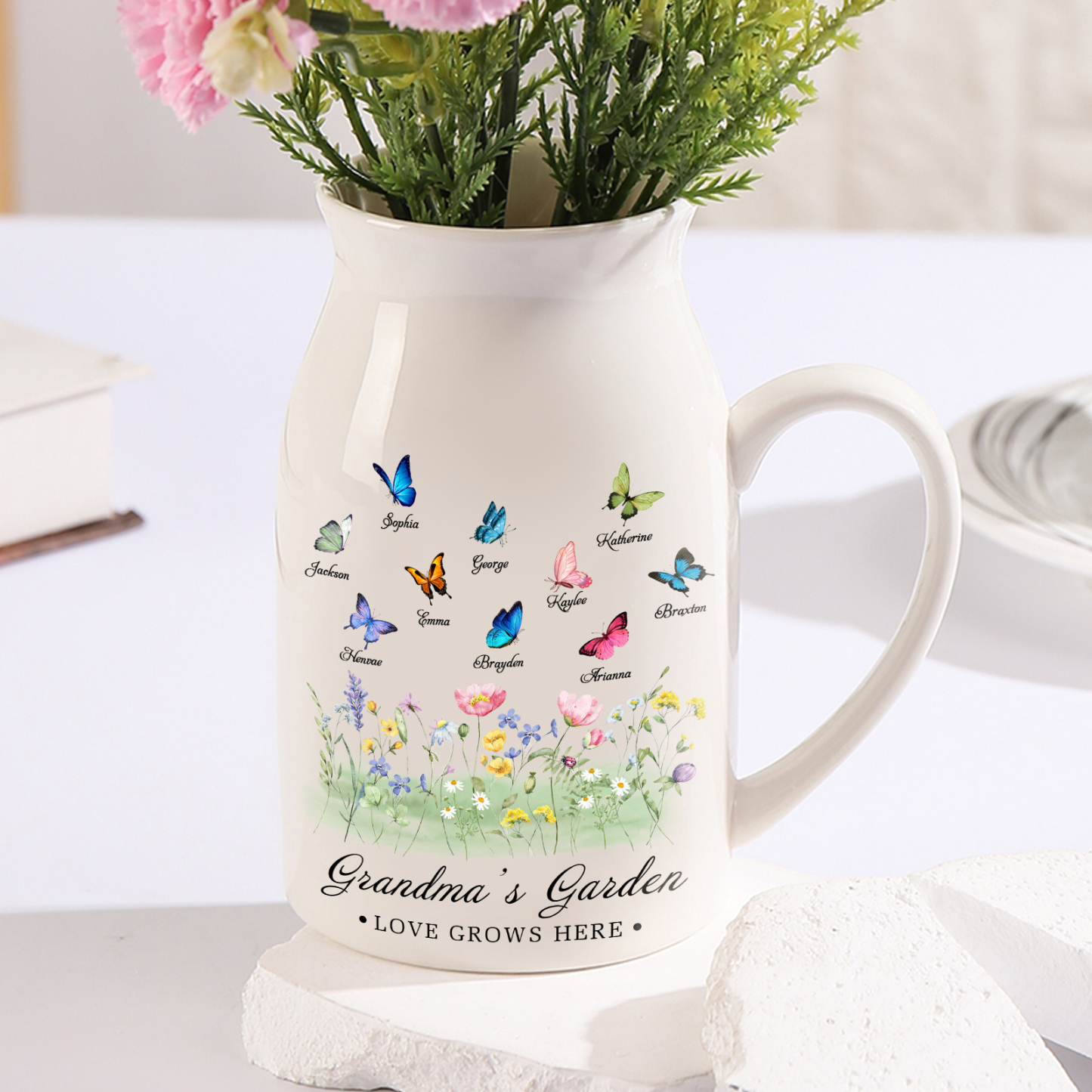 Personalisierte 2 Namen & Muster & 2 Texte Blumen Gießvase mit Henkel Familie Vase-Pefektes Geschenk für Familien