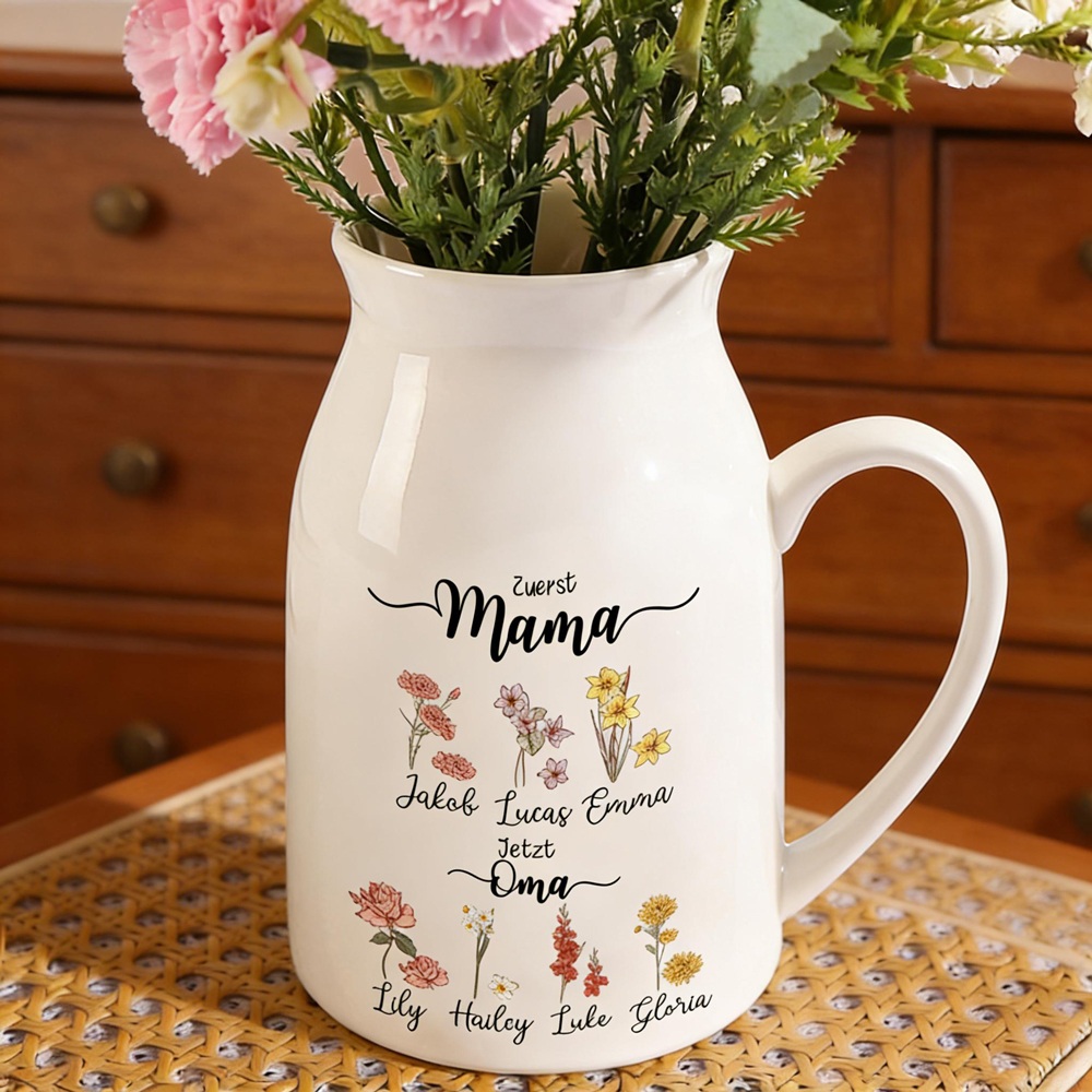 Personalisierte Blumenvase mit 2–10 Namen und Geburtsblumen Erst Mama, jetzt Oma