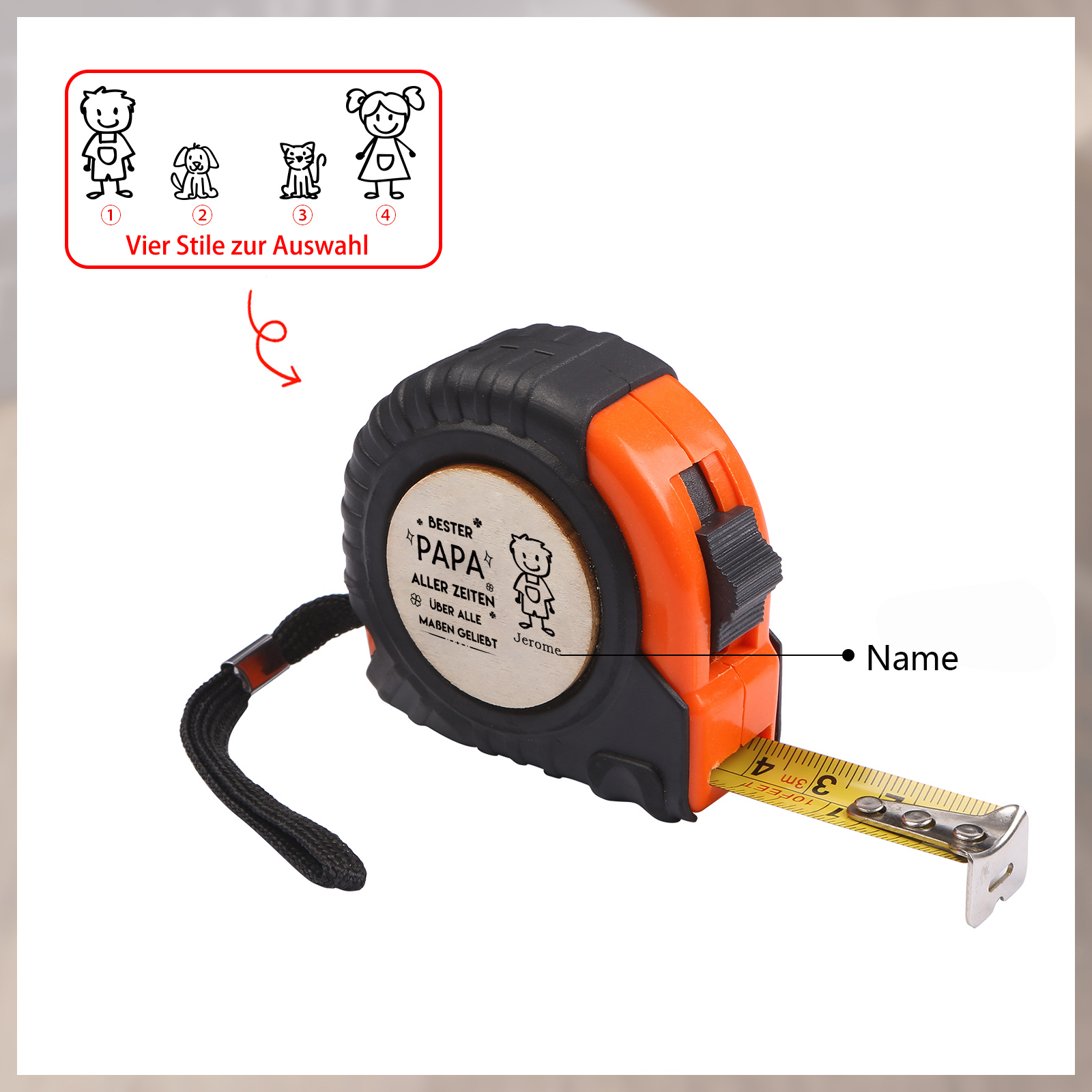 Personalisierbare 1-6 Namen Maßband mit Faust-Motiven in Orange – Bester Papa aller Zeiten – Praktisches Geschenk für Papa Vater