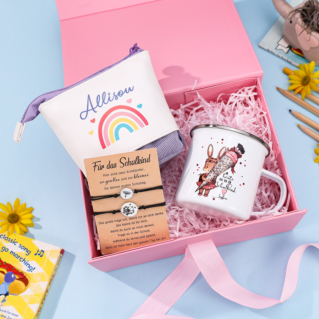 Schulanfang Geschenkset -Personalisierter Name Emaille Tasse & Regenbogen Stifteetui Stifttasche & Löwenzahn Armbänder Set - Geschenk für Schulkind mit Geschenk Box