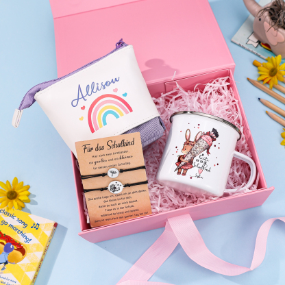 Schulanfang Geschenkset -Personalisierter Name Emaille Tasse & Regenbogen Stifteetui Stifttasche & Löwenzahn Armbänder Set - Geschenk für Schulkind mit Geschenk Box