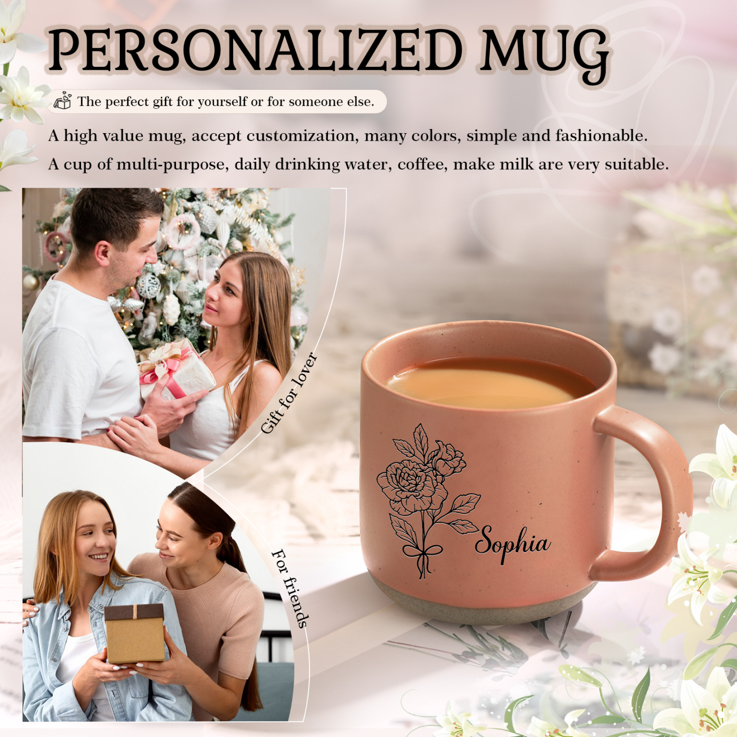 Tasse - Personalisierter Name & Geburtsblume Keramikbecher Geschenk für Oma