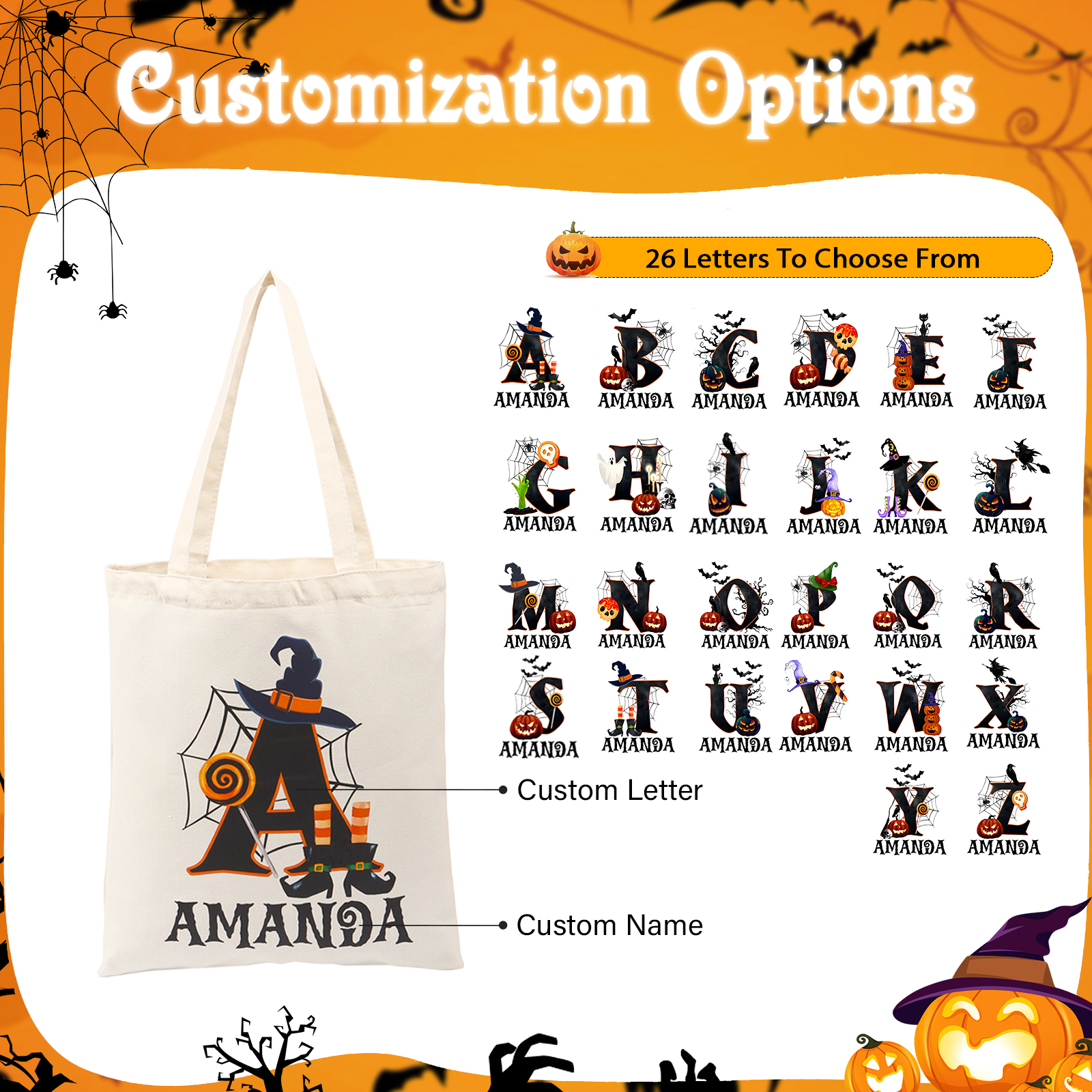 Personalisierter1 Name & Buchstabe Halloween Tasche Süßes Oder Saures Süßigkeiten Leinwand Tasche 