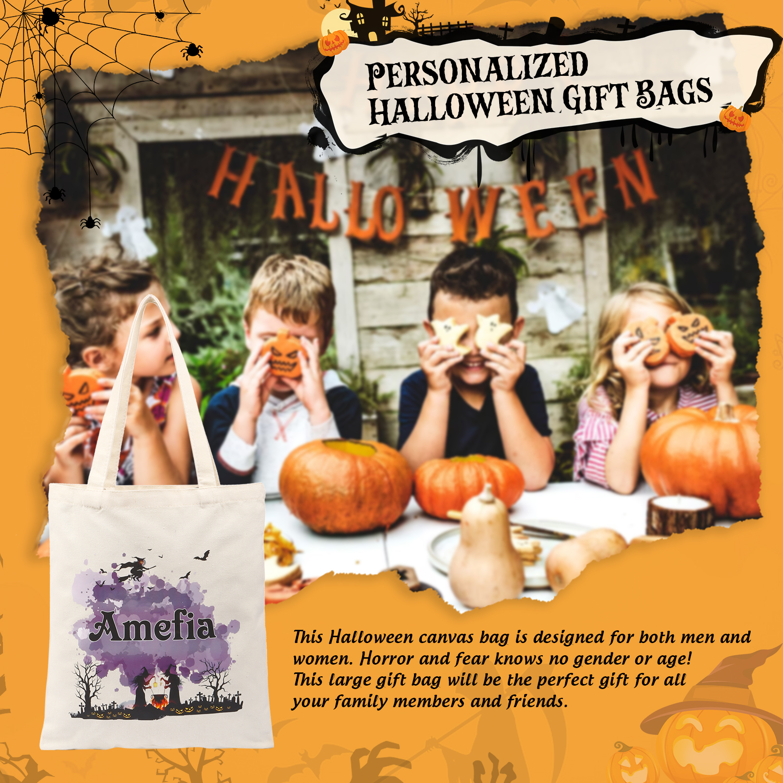 ]Personalisierter 1 Name Halloween Tasche Süßes Oder Saures Süßigkeiten Leinwand Tasche 