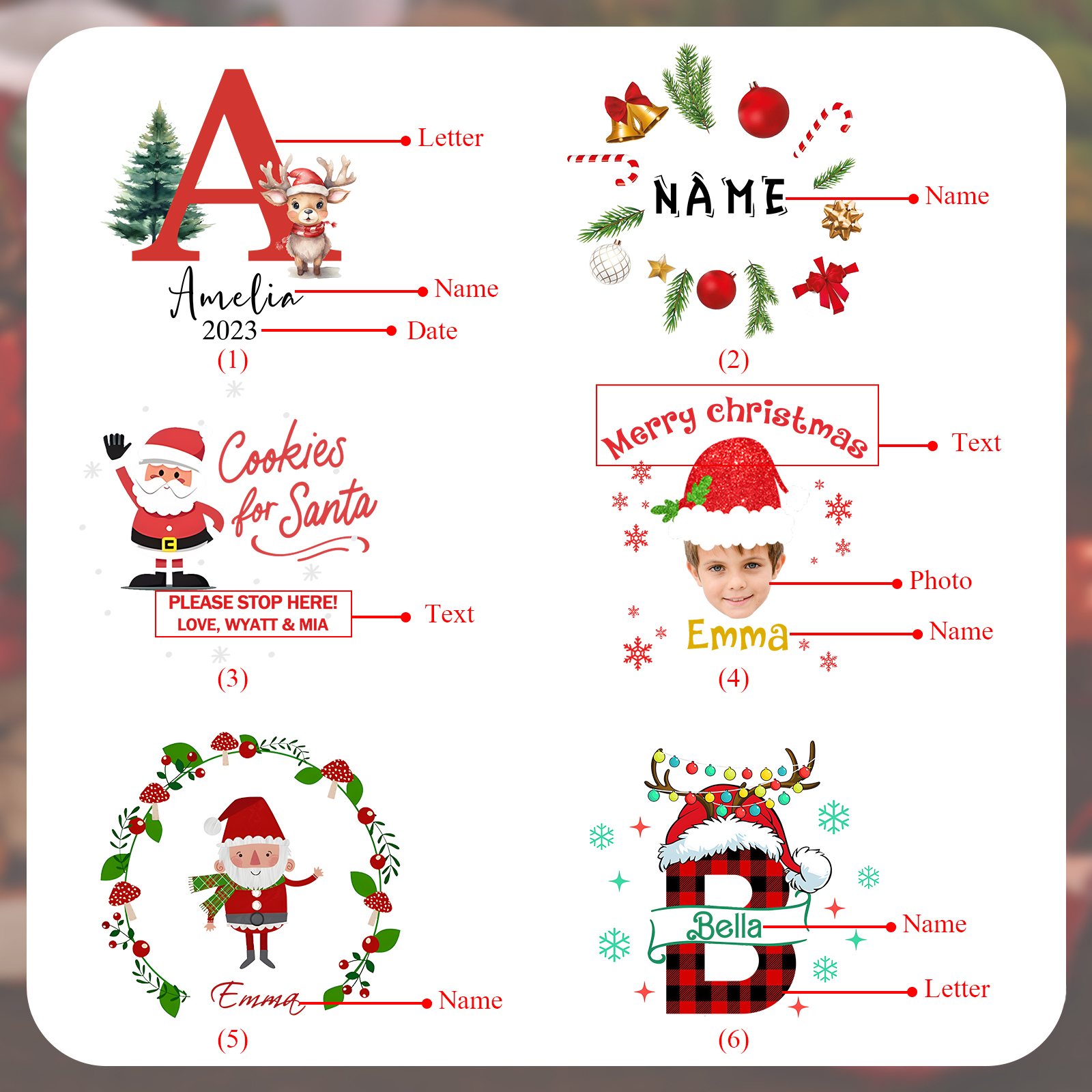 Personalisierter Name & Foto & Text & Datum & Buchstabe keramik Weihnachts-teller – mit 6 verschiedenen Motiven