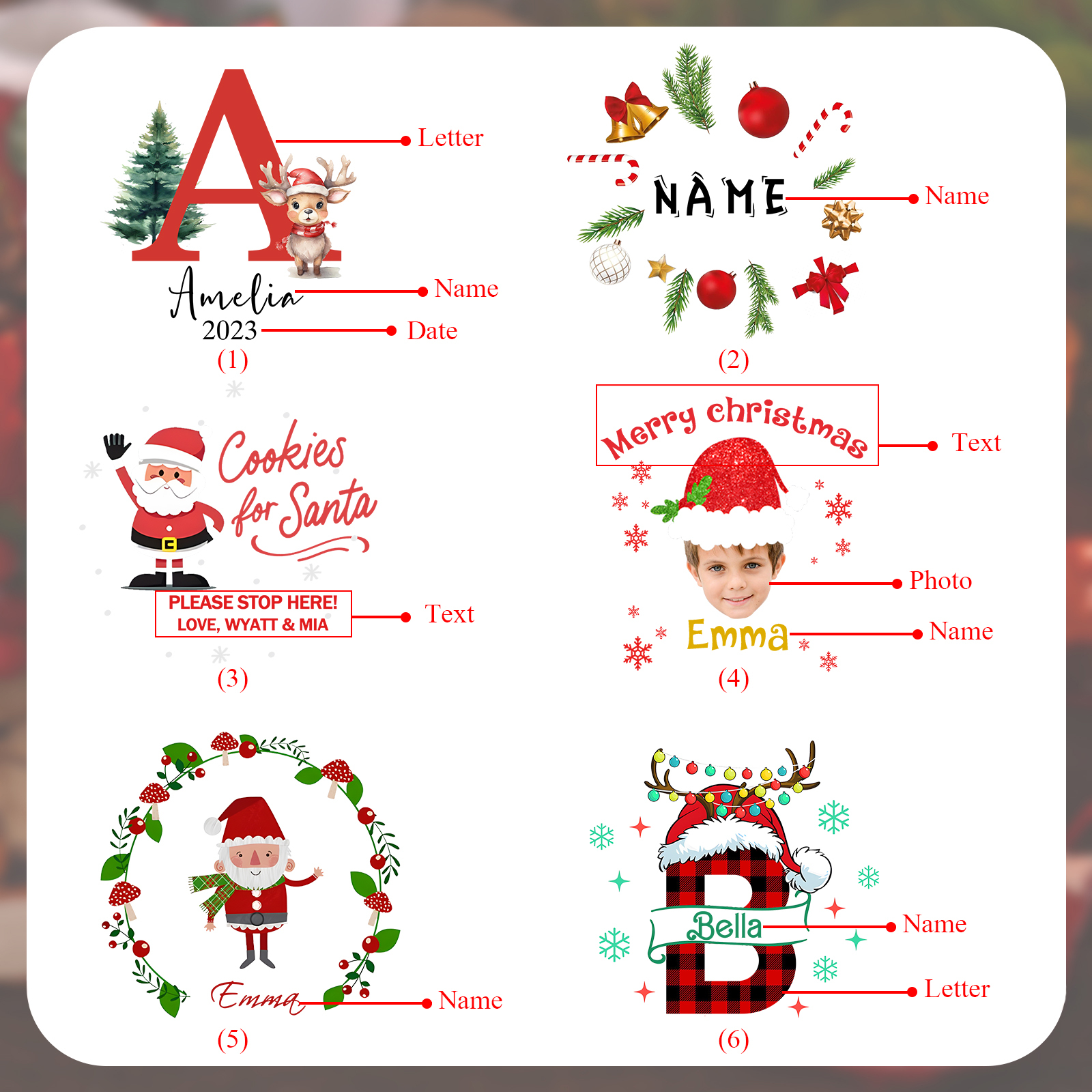 Personalisierter Name & Foto & Text & Datum & Buchstabe keramik Weihnachts-teller – mit 6 verschiedenen Motiven