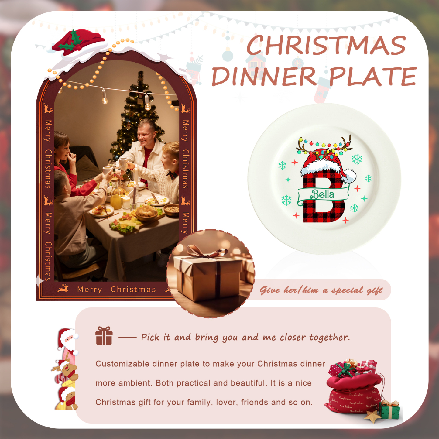 Personalisierter Name & Foto & Text & Datum & Buchstabe keramik Weihnachts-teller – mit 6 verschiedenen Motiven