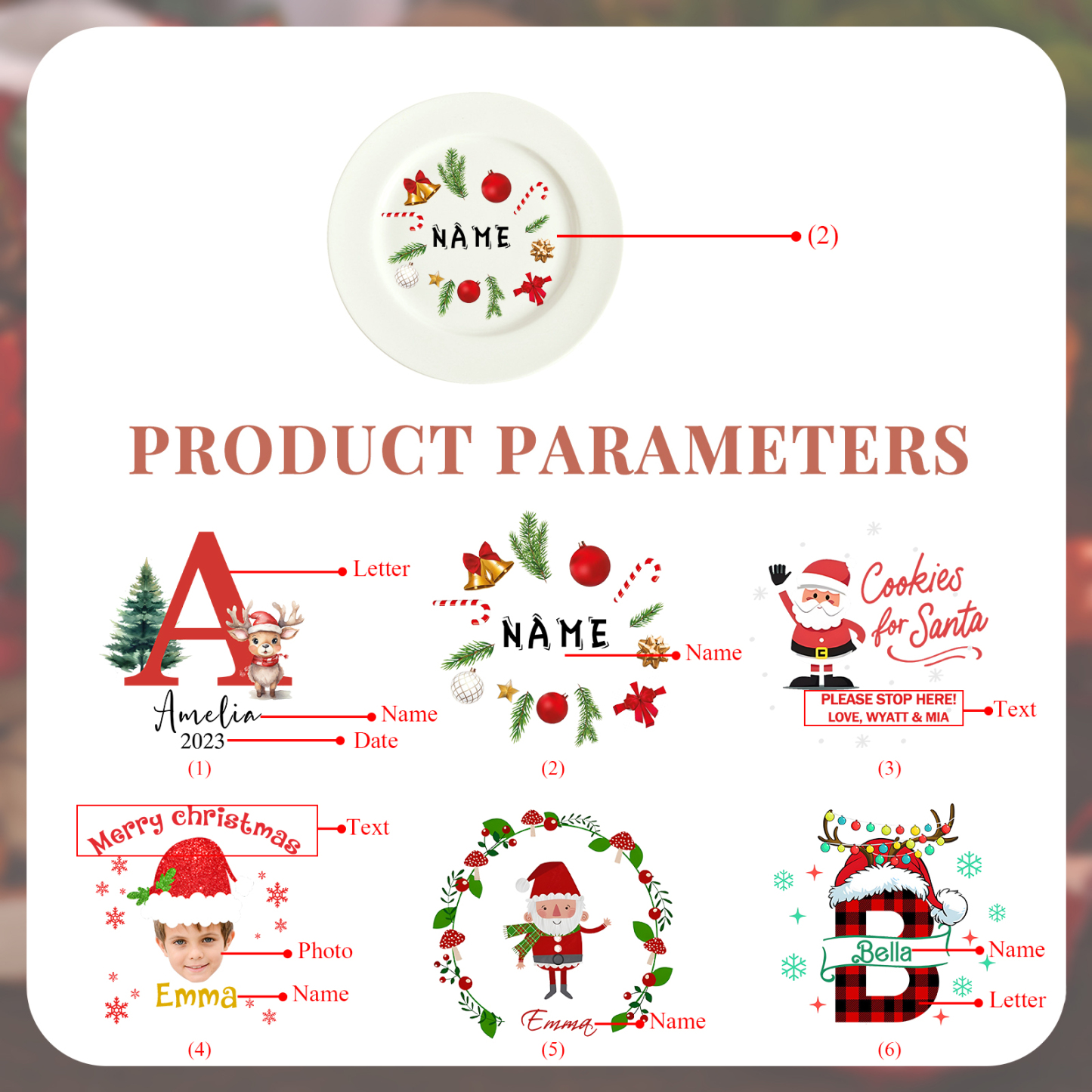 Personalisierter Name & Foto & Text & Datum & Buchstabe keramik Weihnachts-teller – mit 6 verschiedenen Motiven