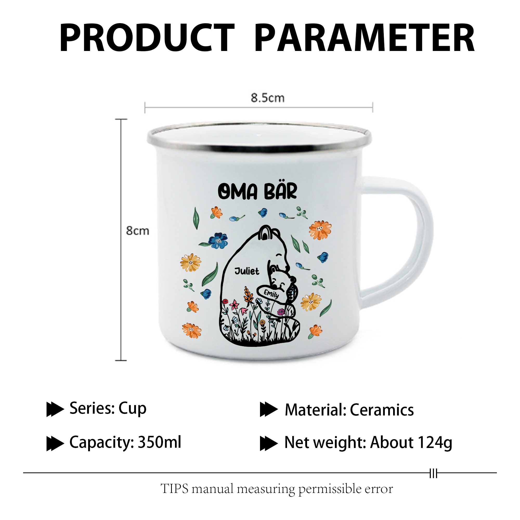 Personalisierte 2 Namen & Text Bären-Emaille Tasse - Geschenk zum Großelterntag für Oma Großmutter