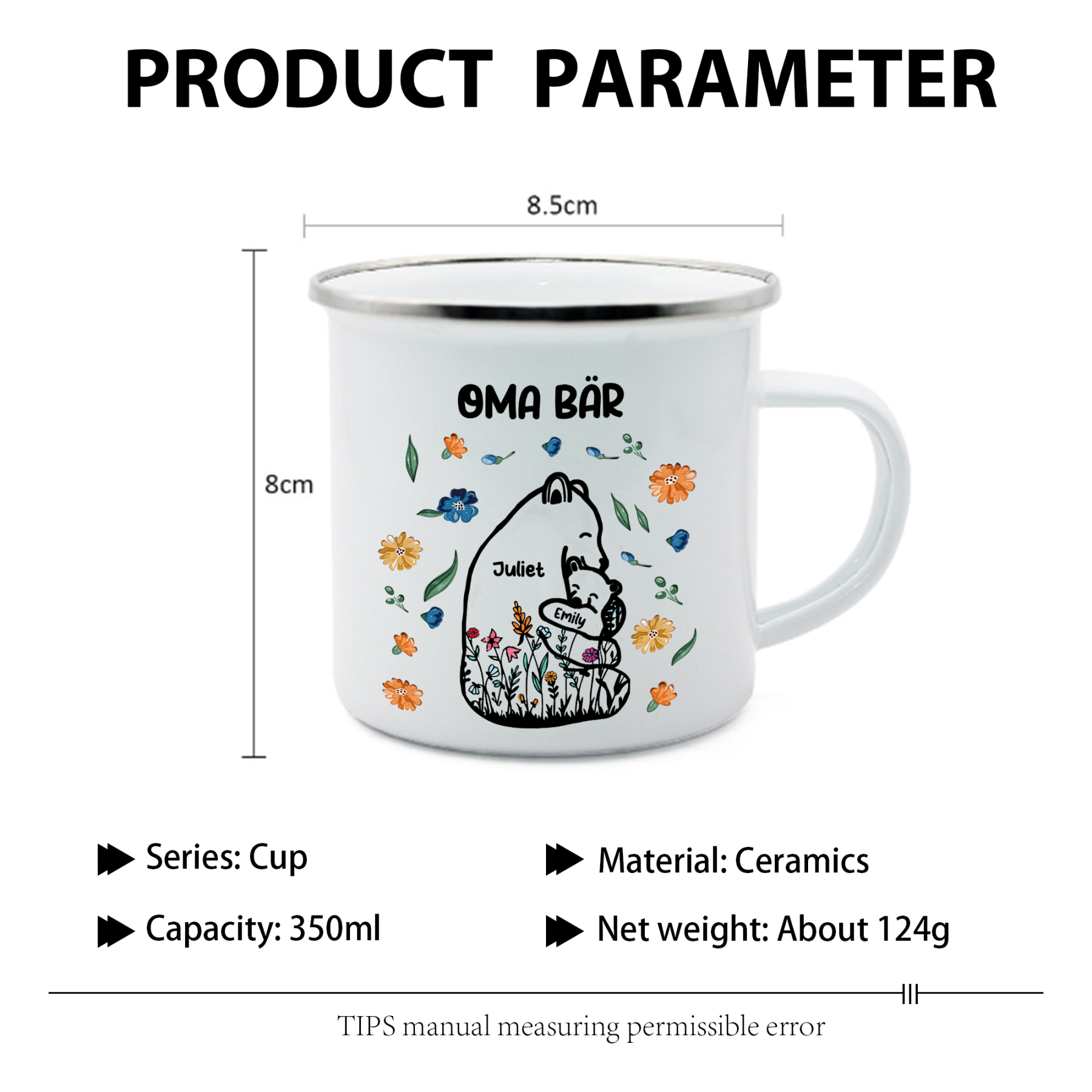 Personalisierte 2 Namen & Text Bären-Emaille Tasse - Geschenk zum Großelterntag für Oma Großmutter