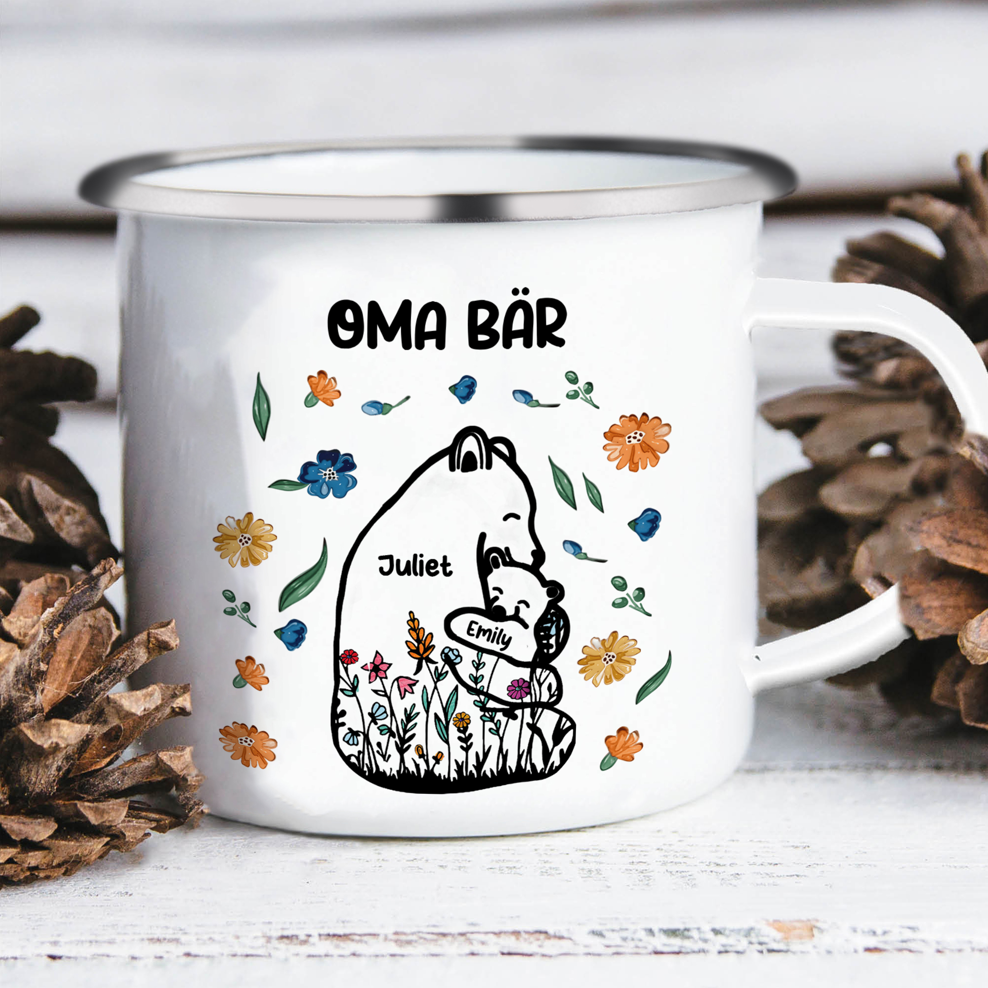 Personalisierte 2 Namen & Text Bären-Emaille Tasse - Geschenk zum Großelterntag für Oma Großmutter
