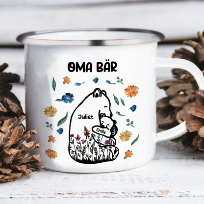 Personalisierte 2 Namen & Text Bären-Emaille Tasse - Geschenk zum Großelterntag für Oma Großmutter