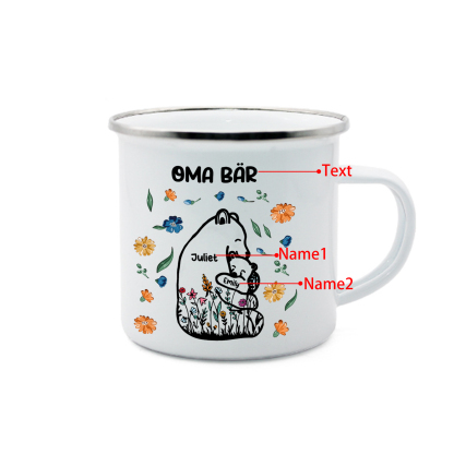 Personalisierte 2 Namen & Text Bären-Emaille Tasse - Geschenk zum Großelterntag für Oma Großmutter