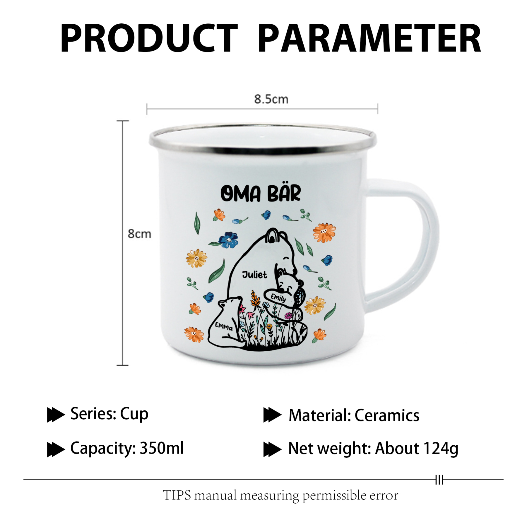 Personalisierte 3 Namen & Text Bären-Emaille Tasse - Geschenk zum Großelterntag für Oma Großmutter