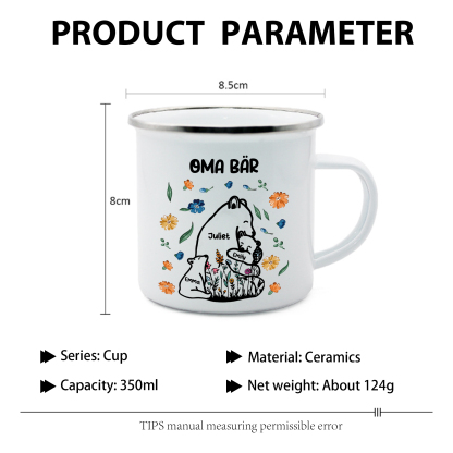 Personalisierte 3 Namen & Text Bären-Emaille Tasse - Geschenk zum Großelterntag für Oma Großmutter