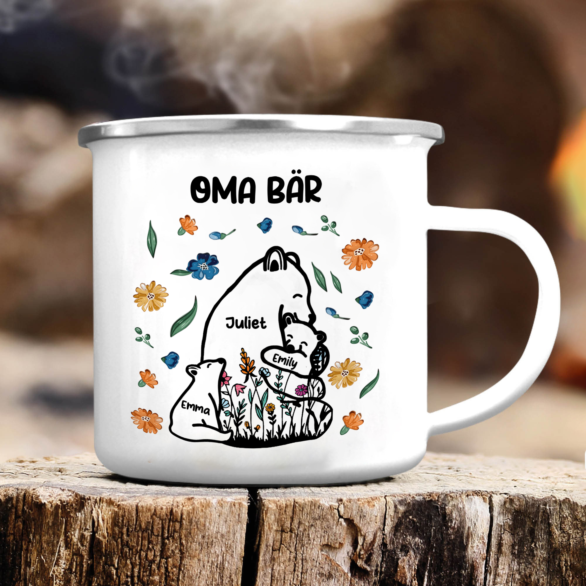 Personalisierte 3 Namen & Text Bären-Emaille Tasse - Geschenk zum Großelterntag für Oma Großmutter