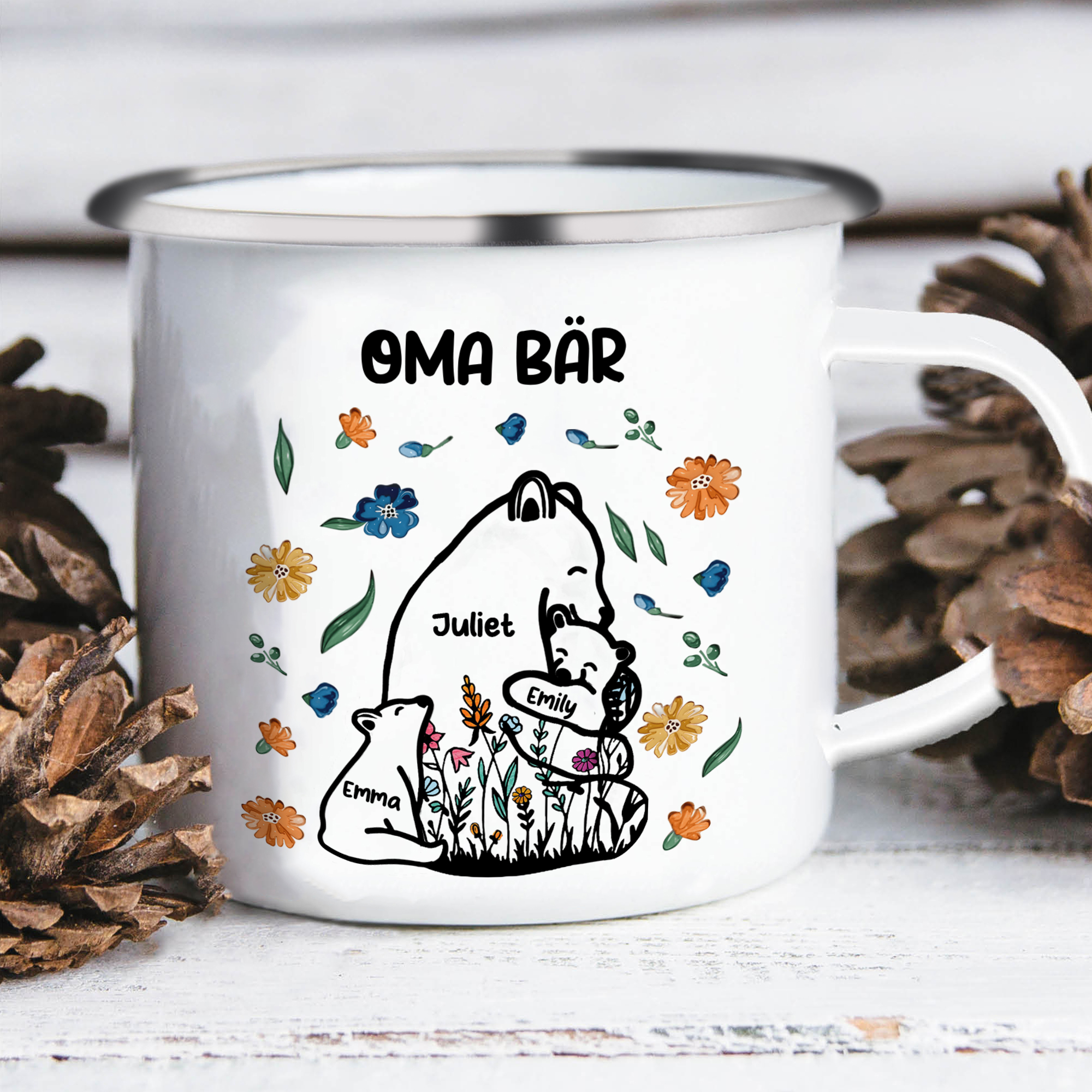 Personalisierte 3 Namen & Text Bären-Emaille Tasse - Geschenk zum Großelterntag für Oma Großmutter