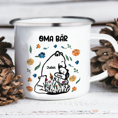 Personalisierte 3 Namen & Text Bären-Emaille Tasse - Geschenk zum Großelterntag für Oma Großmutter