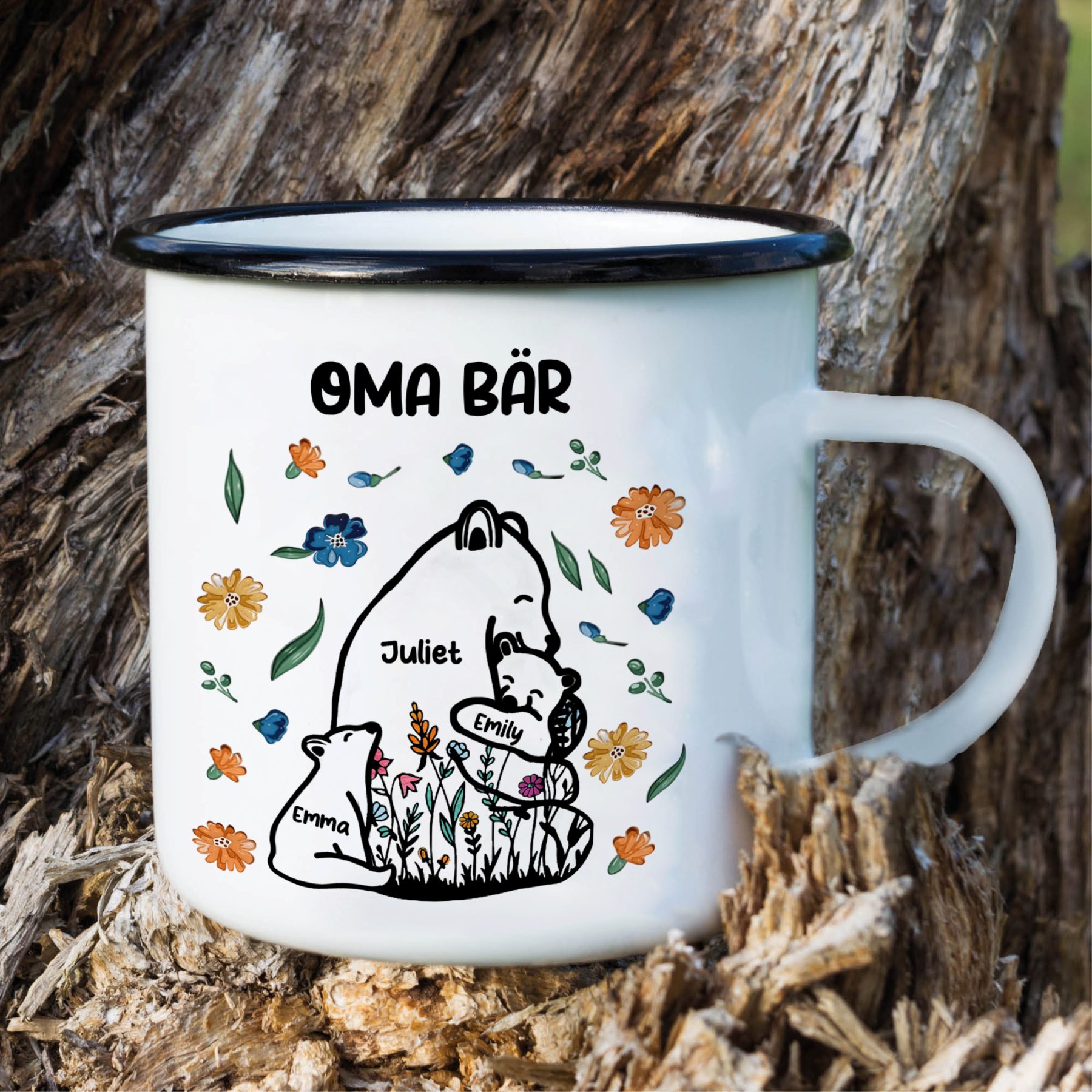 Personalisierte 3 Namen & Text Bären-Emaille Tasse - Geschenk zum Großelterntag für Oma Großmutter