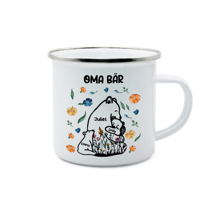 Personalisierte 3 Namen & Text Bären-Emaille Tasse - Geschenk zum Großelterntag für Oma Großmutter
