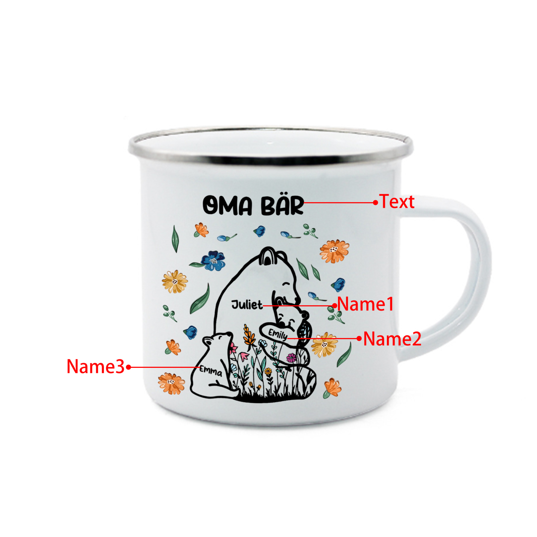 Personalisierte 3 Namen & Text Bären-Emaille Tasse - Geschenk zum Großelterntag für Oma Großmutter