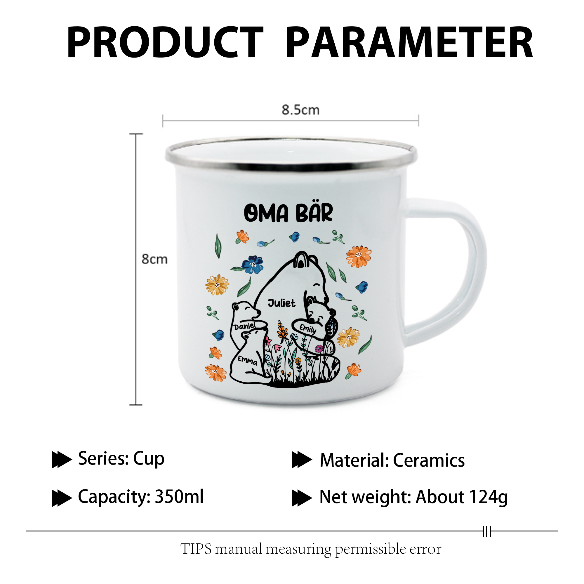 Personalisierte 4 Namen & Text Bären-Emaille Tasse - Geschenk zum Großelterntag für Oma Großmutter