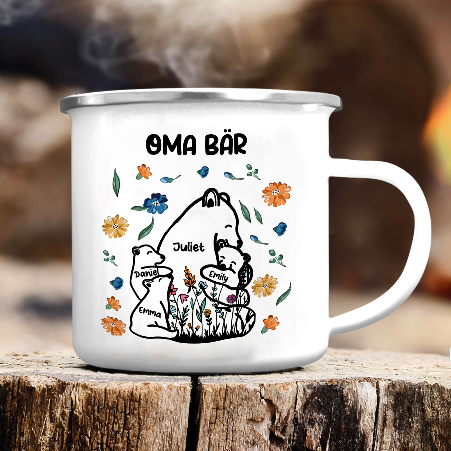Personalisierte 4 Namen & Text Bären-Emaille Tasse - Geschenk zum Großelterntag für Oma Großmutter