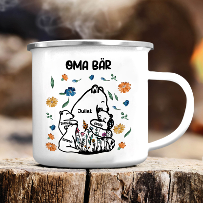 Personalisierte 4 Namen & Text Bären-Emaille Tasse - Geschenk zum Großelterntag für Oma Großmutter