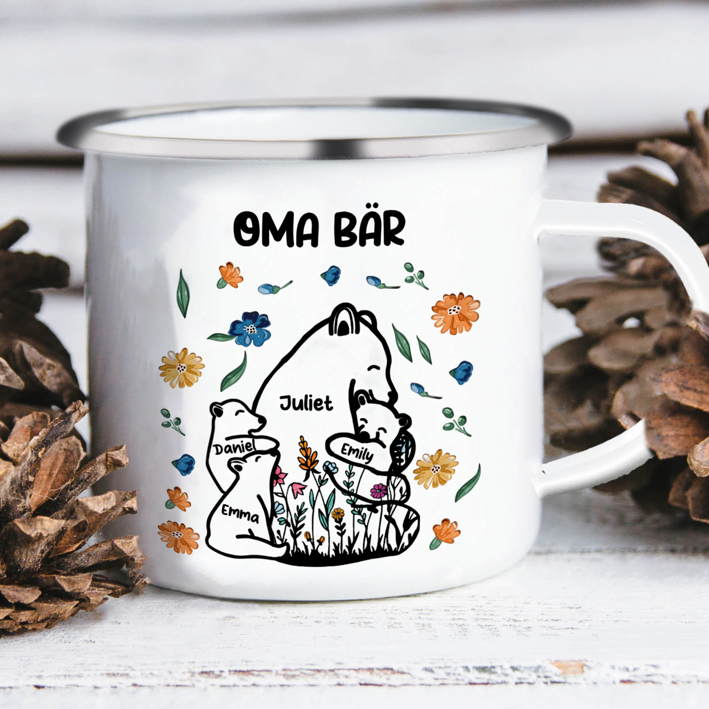 Personalisierte 4 Namen & Text Bären-Emaille Tasse - Geschenk zum Großelterntag für Oma Großmutter