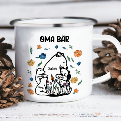 Personalisierte 4 Namen & Text Bären-Emaille Tasse - Geschenk zum Großelterntag für Oma Großmutter