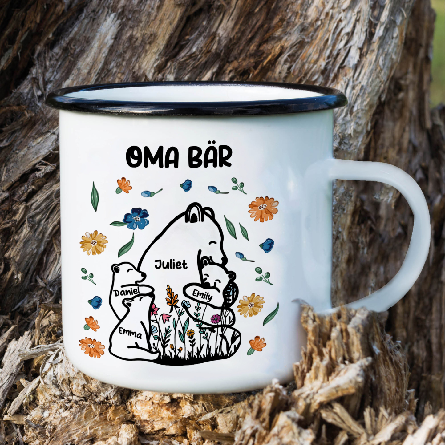 Personalisierte 4 Namen & Text Bären-Emaille Tasse - Geschenk zum Großelterntag für Oma Großmutter