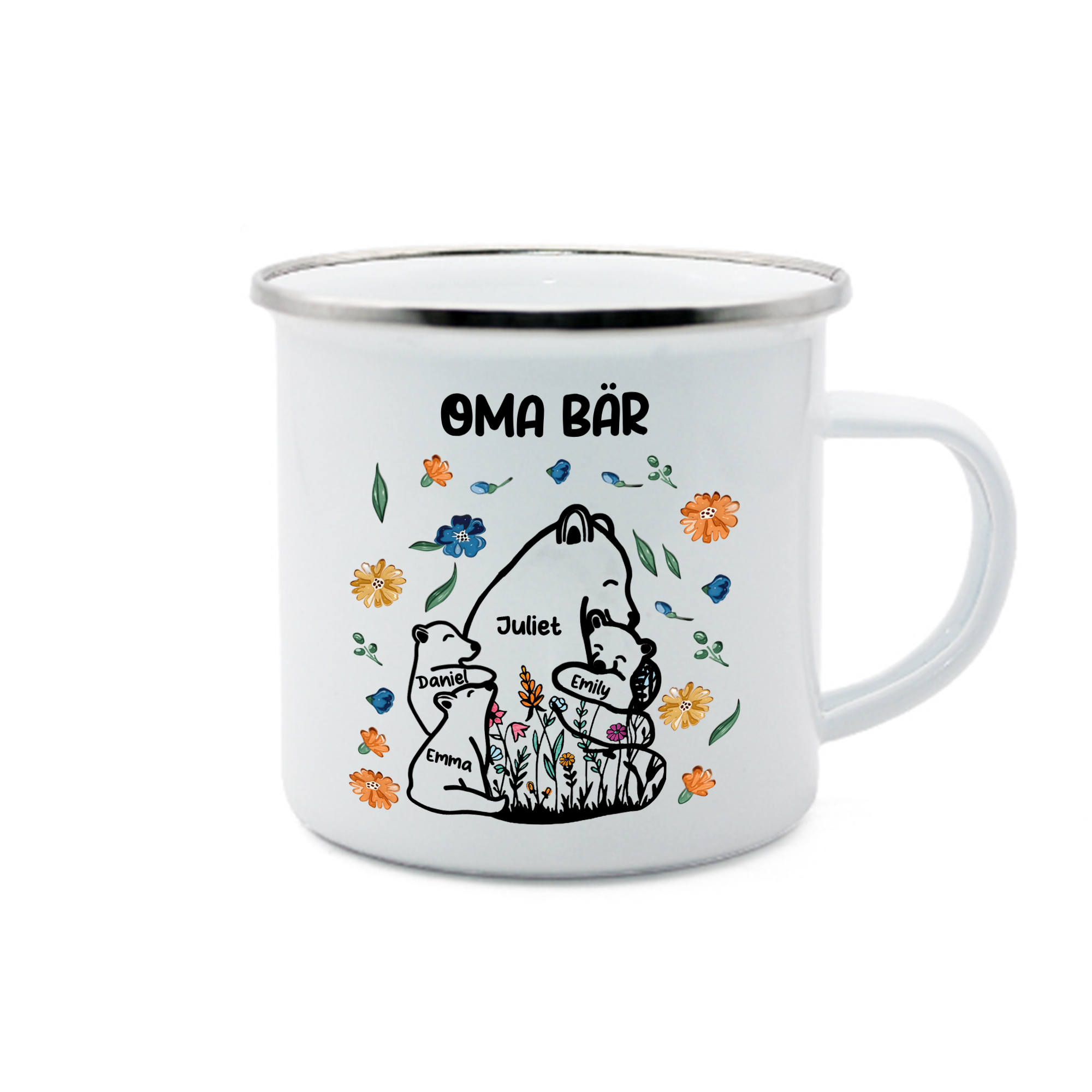 Personalisierte 4 Namen & Text Bären-Emaille Tasse - Geschenk zum Großelterntag für Oma Großmutter