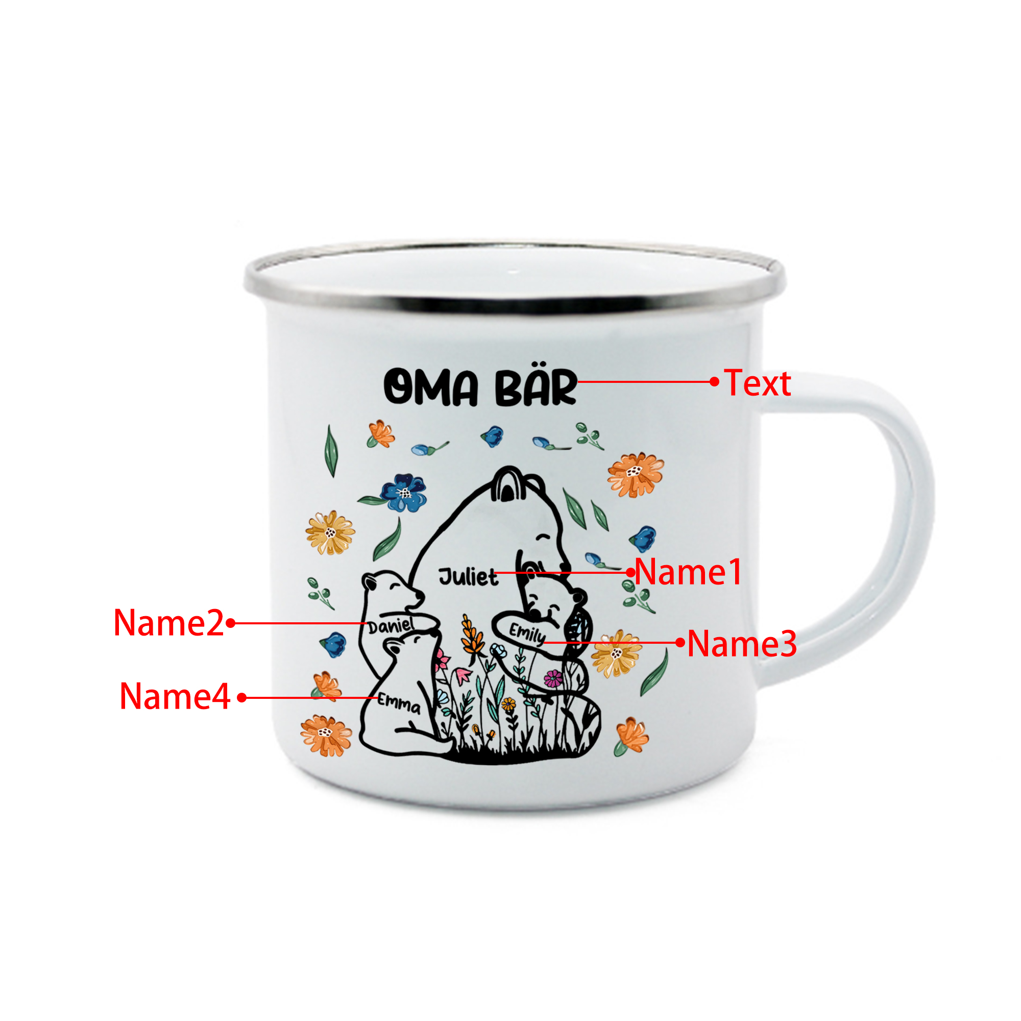 Personalisierte 4 Namen & Text Bären-Emaille Tasse - Geschenk zum Großelterntag für Oma Großmutter