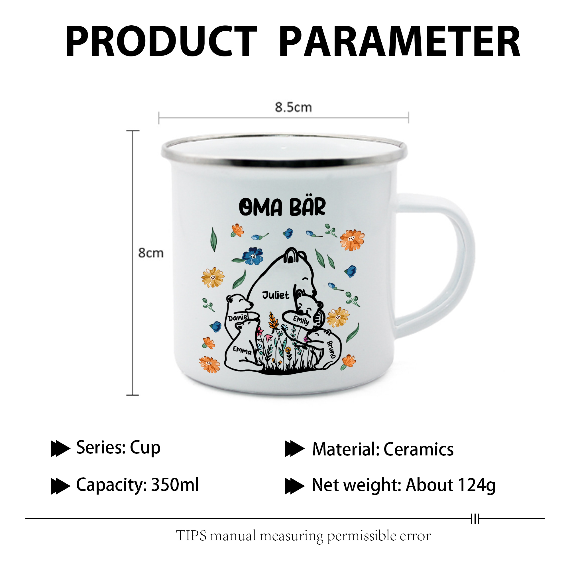 Personalisierte 5 Namen & Text Bären-Emaille Tasse - Geschenk zum Großelterntag für Oma Großmutter