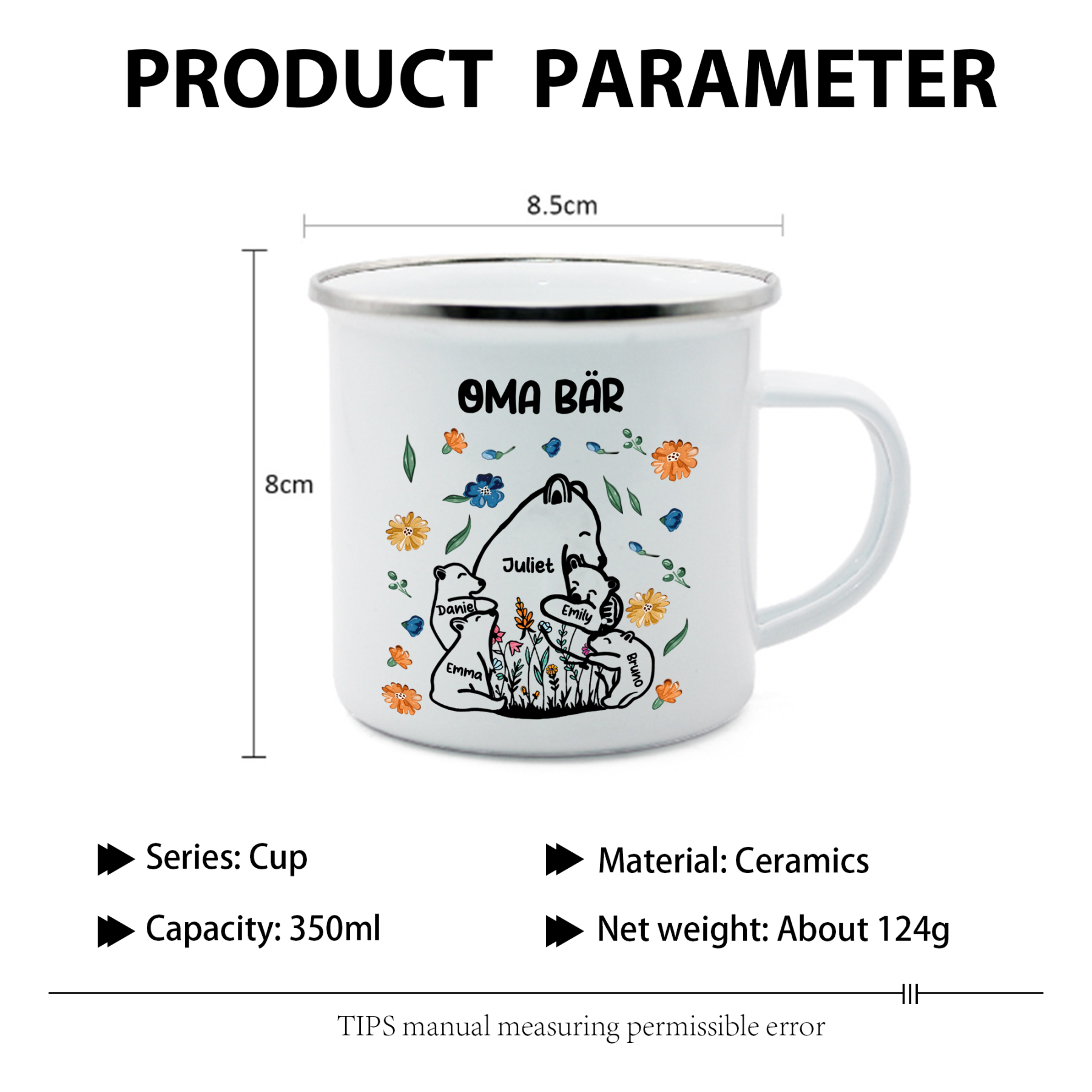 Personalisierte 5 Namen & Text Bären-Emaille Tasse - Geschenk zum Großelterntag für Oma Großmutter