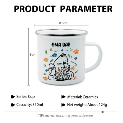 Personalisierte 5 Namen & Text Bären-Emaille Tasse - Geschenk zum Großelterntag für Oma Großmutter